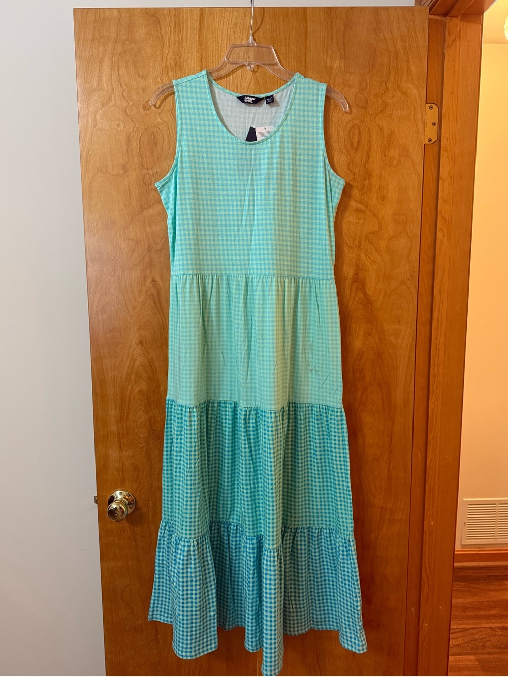 Lands’ End Sleeveless Tiered Maxi Dress Blue Green Check Medium 10-12 FLAW READ
